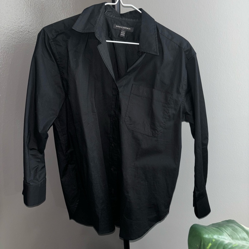 Banana Republic Black Button Up Cotton Dress Shirt XXS Petite Women's